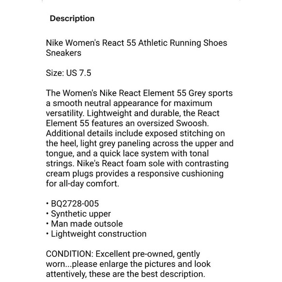 Nike Women's React 55 Athletic Running Shoes Sneakers  Size 7.5  Gray BQ2728-005 - Picture 14 of 14